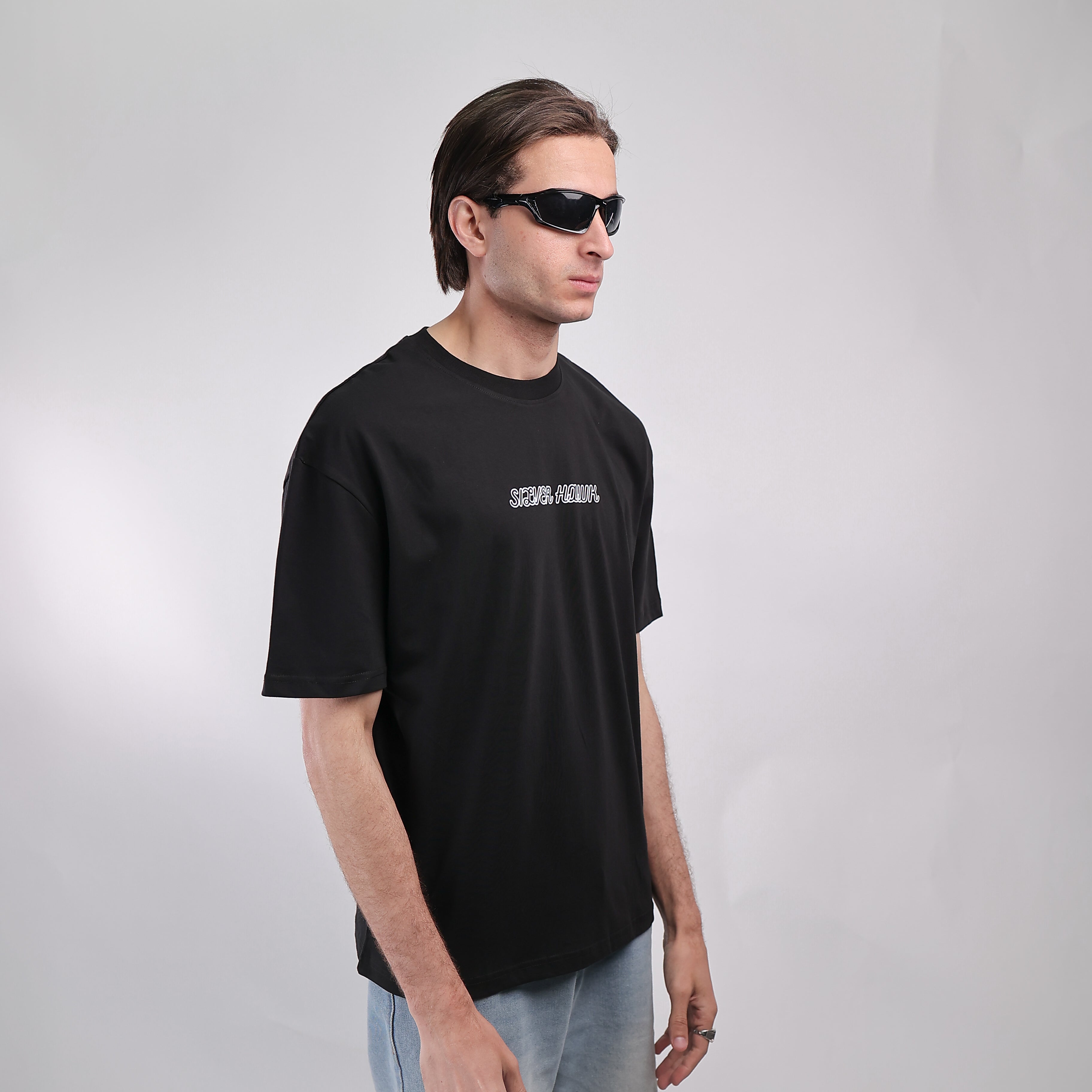 Over Size T-shirt Black Silver Hawk