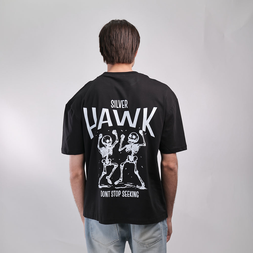 Over Size T-shirt Black Silver Hawk