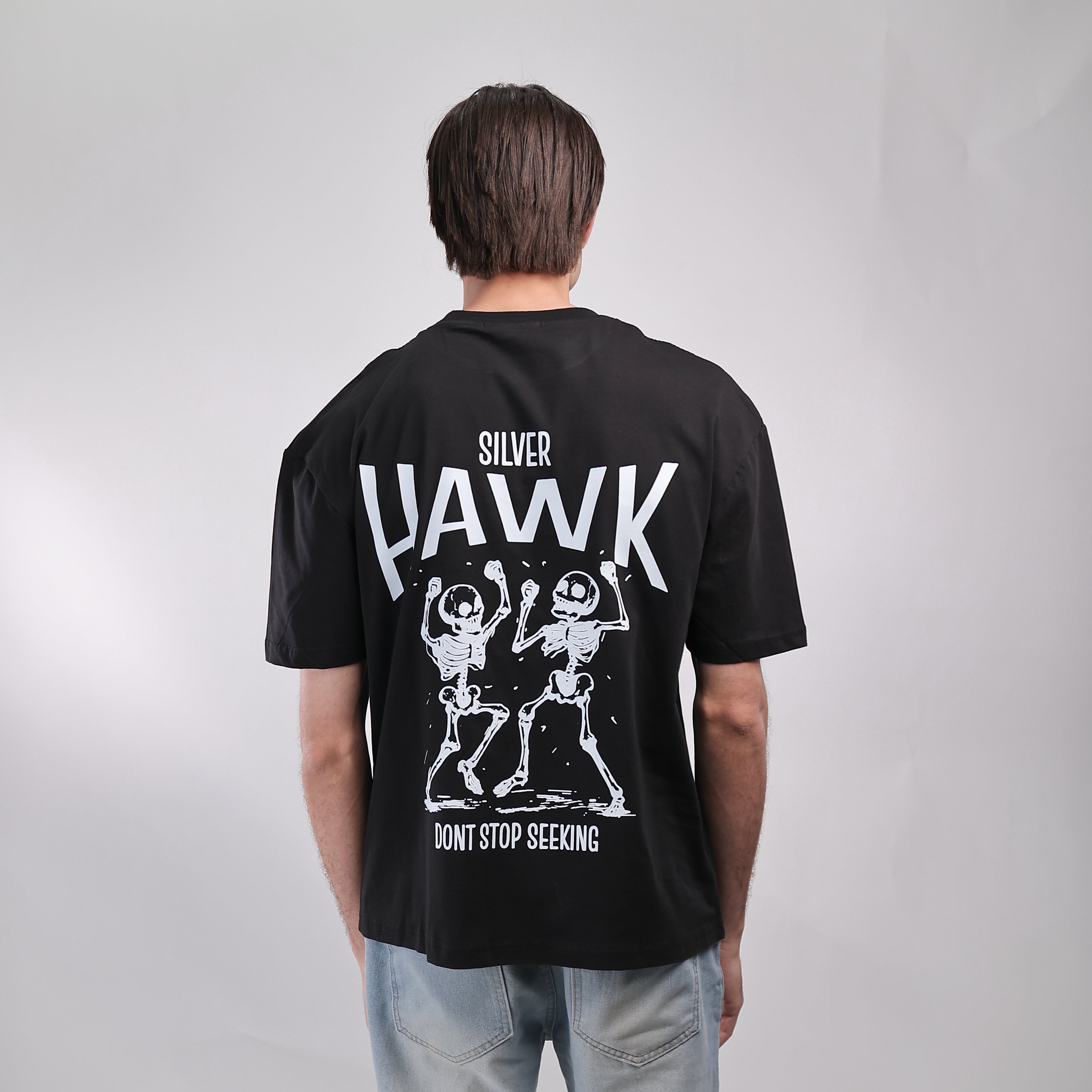 Over Size T-shirt Black Silver Hawk