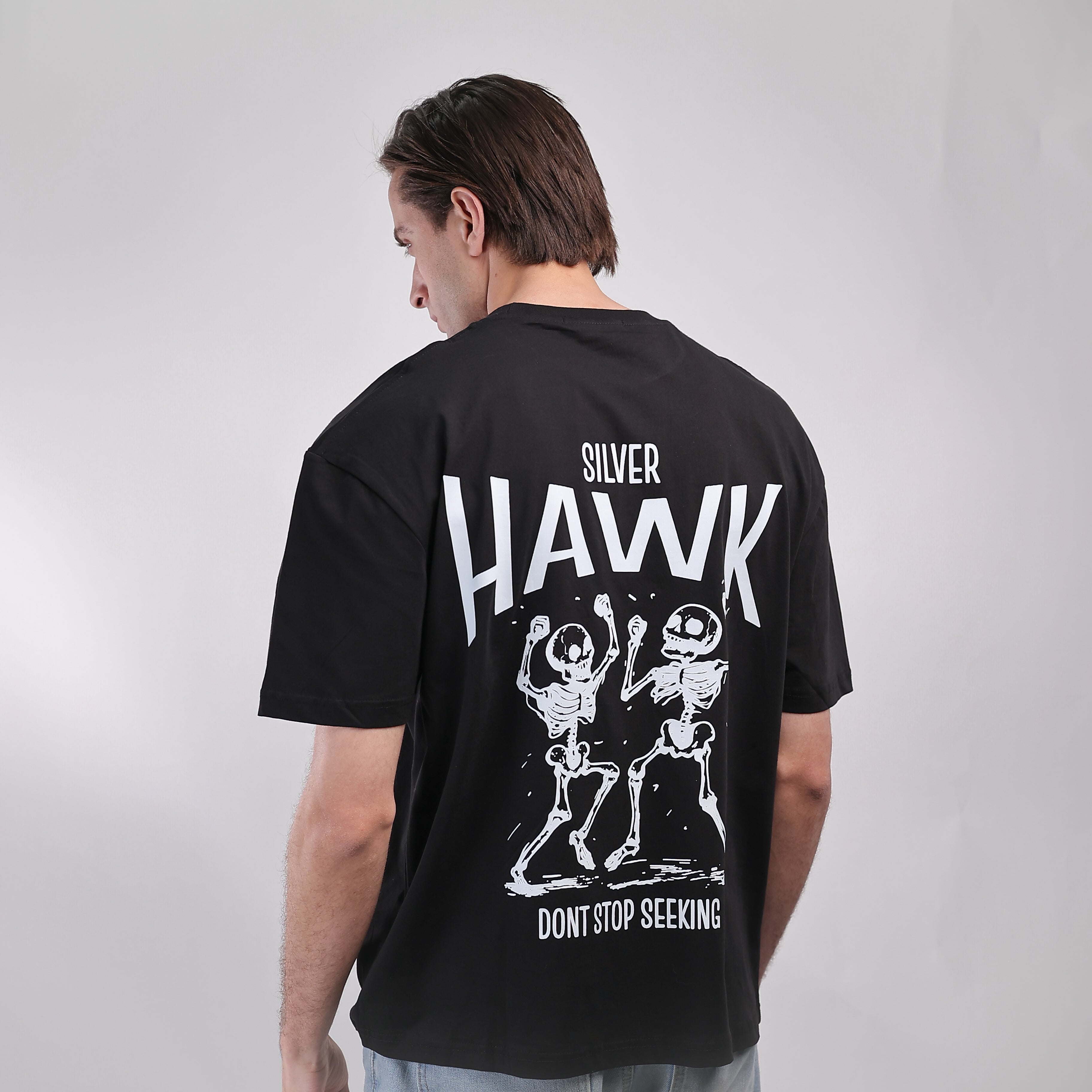 Over Size T-shirt Black Silver Hawk