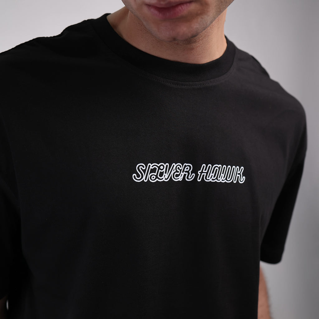 Over Size T-shirt Black Silver Hawk