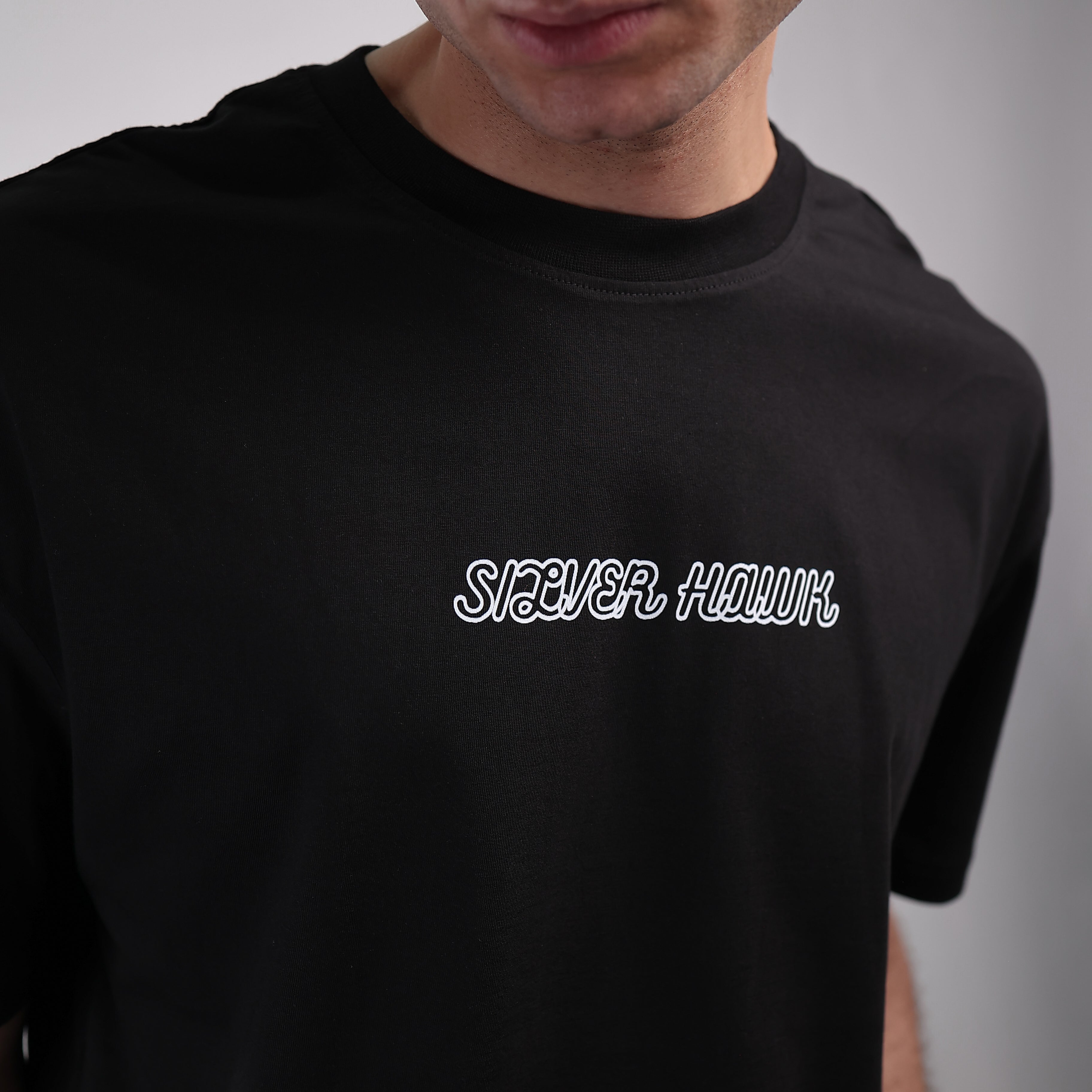 Over Size T-shirt Black Silver Hawk